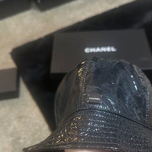 CHANEL Glossy Black Patent Leather Bucket Hat